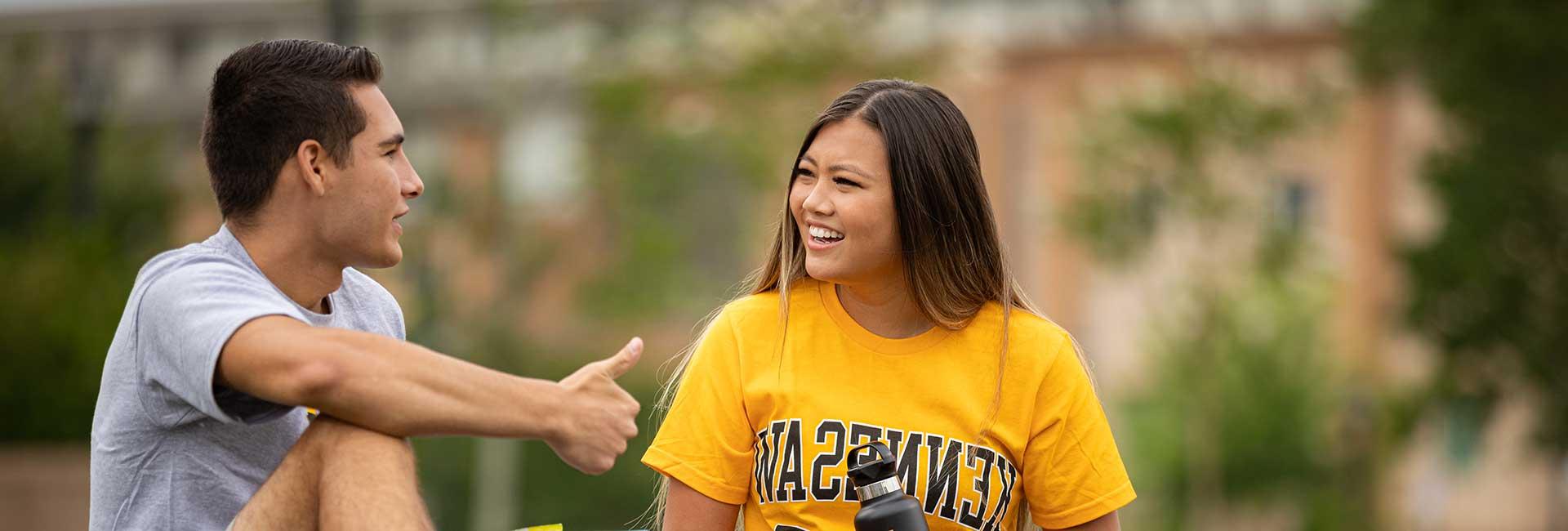 Students talking on the campus green.